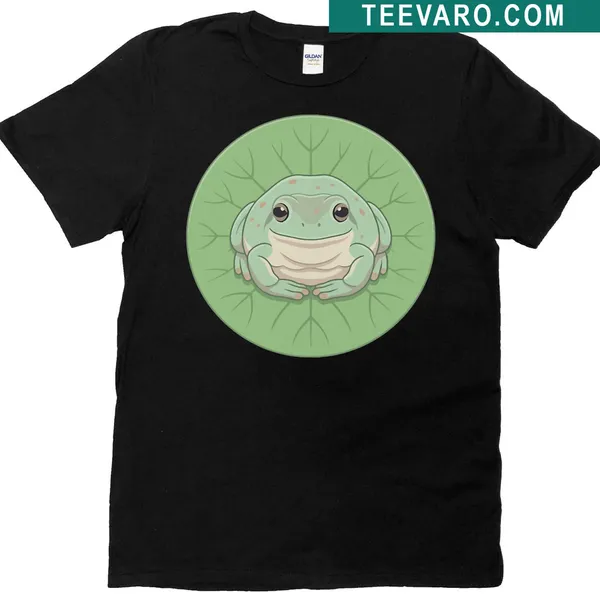 Cartoon dumpy tree frog on lily pad, surrounded by greenery.