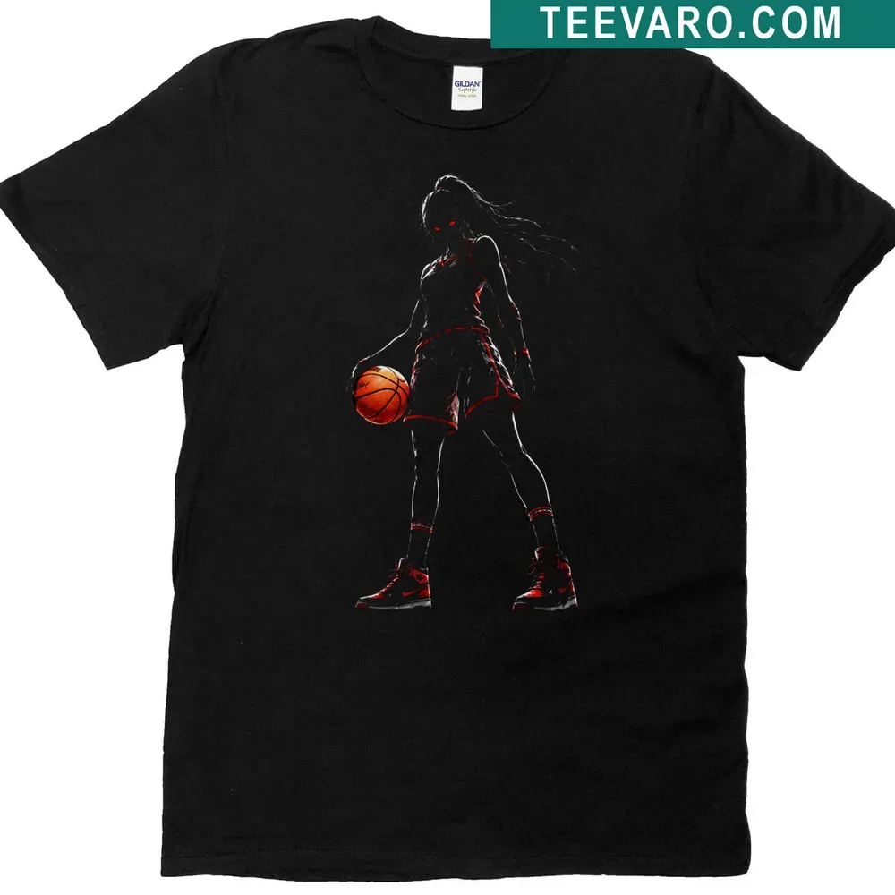 Dark manga art T-shirt featuring a fearless female basketball player — on a men's t-shirt