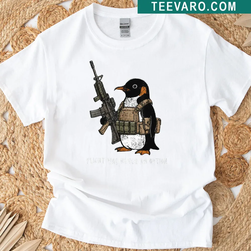Illustrated penguin with the phrase 'Flight Was Never An Option' on a funny T-shirt — on a men's t-shirt