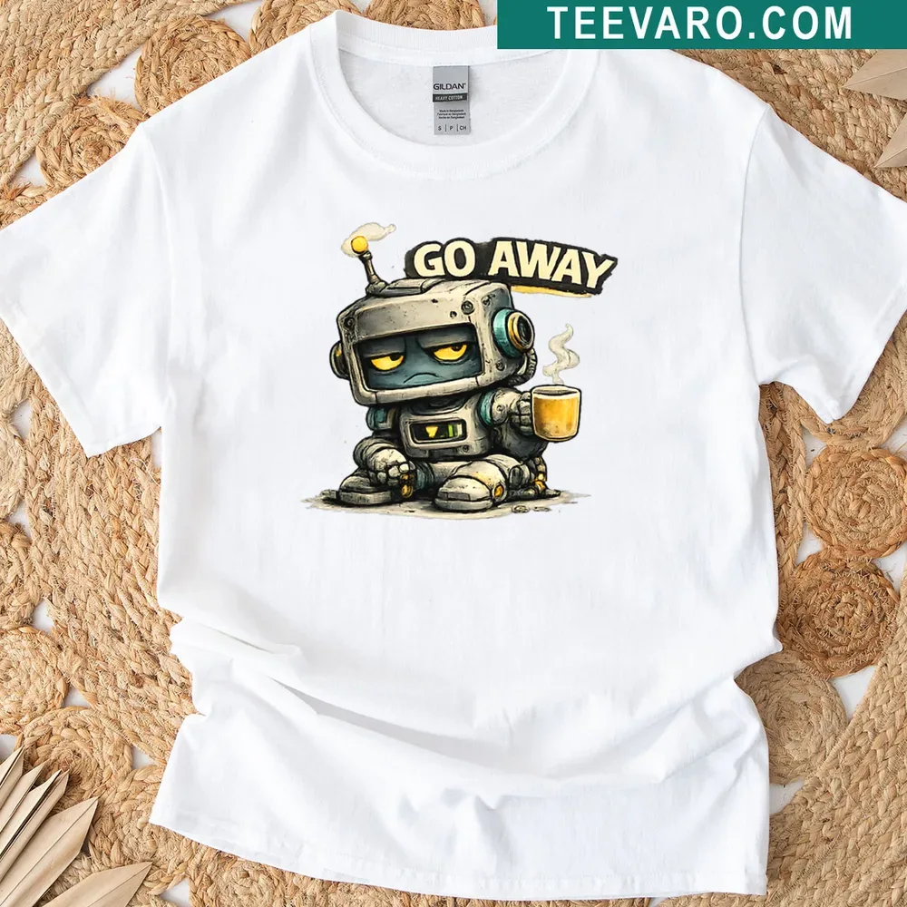 Funny grumpy robot t-shirt with text saying 'Go Away' in bold letters — on a men's t-shirt