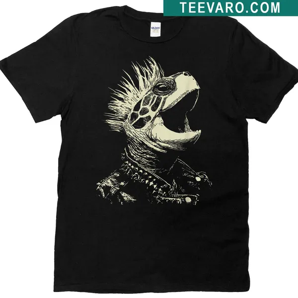Cartoon turtle playing guitar in punk rock attire on t-shirt