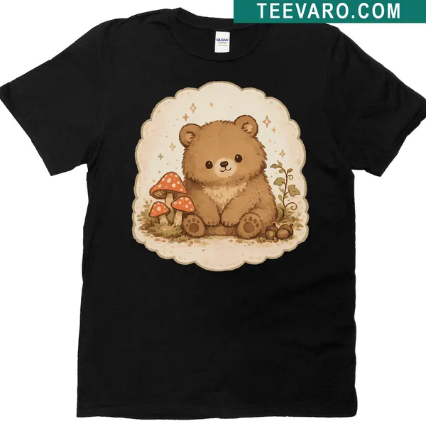 Hand-drawn portrait of a bear on a goblincore-inspired T-shirt