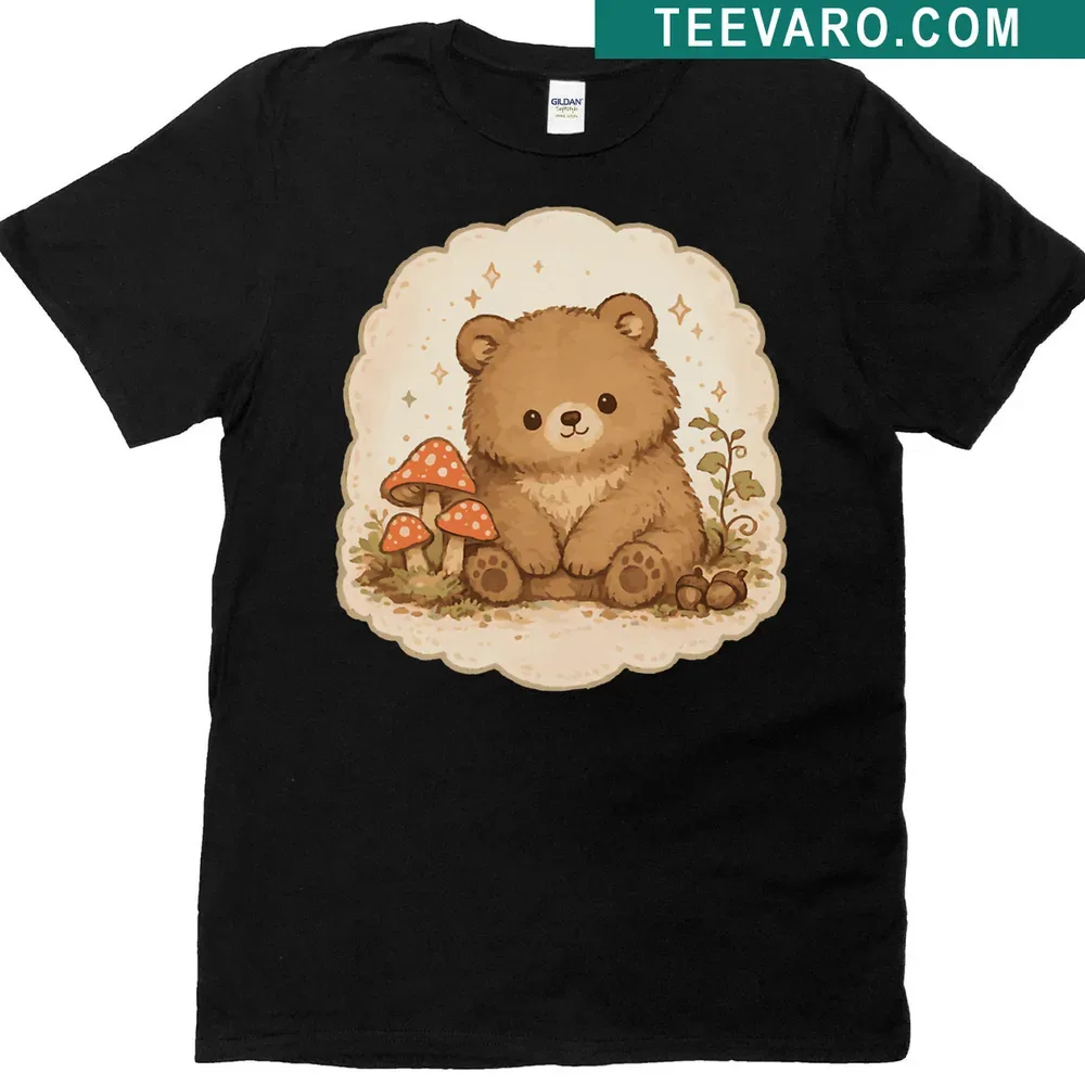 Hand-drawn portrait of a bear on a goblincore-inspired T-shirt — on a men's t-shirt