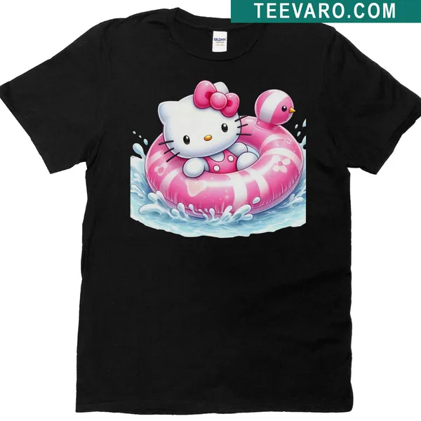 Watercolor illustration of Hello Kitty on a swim ring in sunny beach vibe