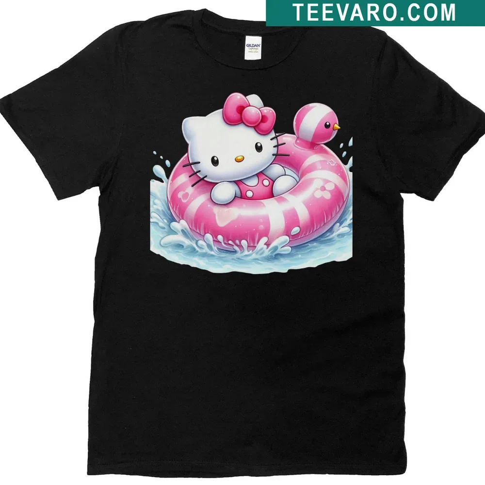 Watercolor illustration of Hello Kitty on a swim ring in sunny beach vibe — on a men's t-shirt