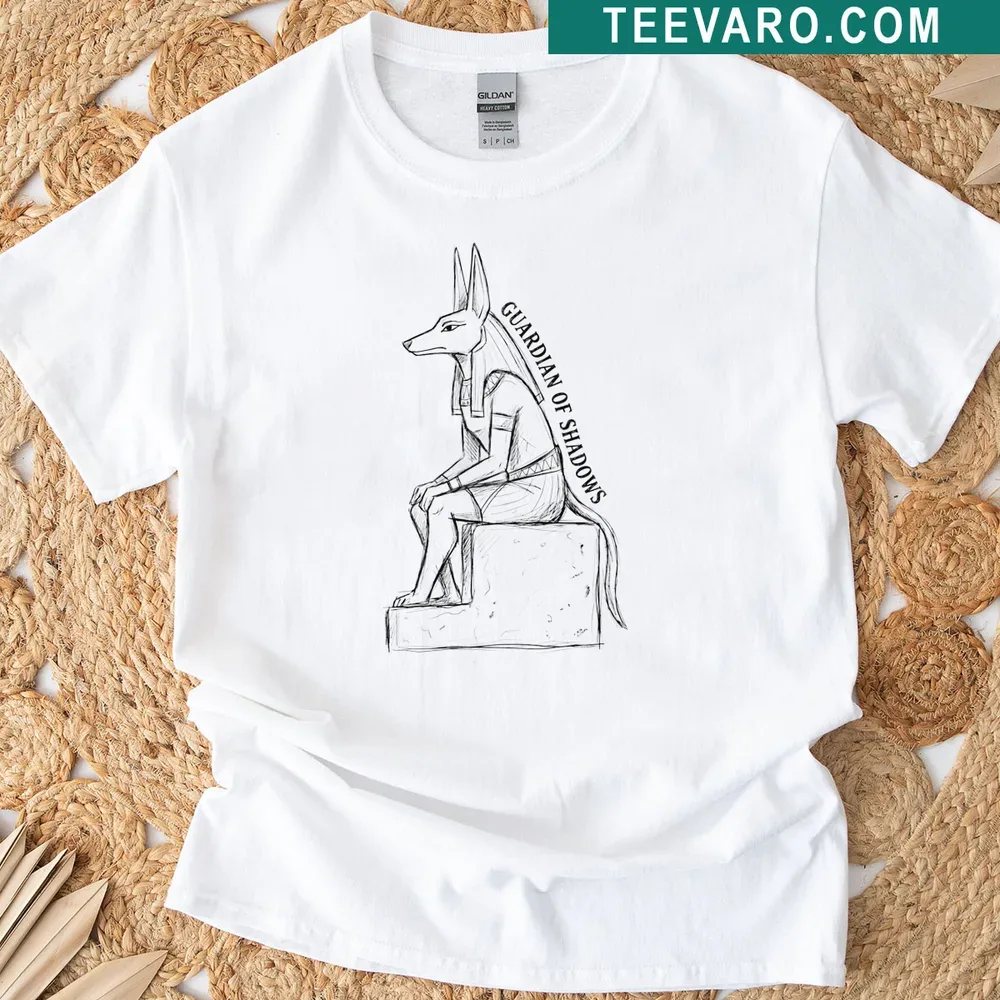 Illustrated Jackal Sentinel design shirt inspired by Egyptian mythology — on a men's t-shirt