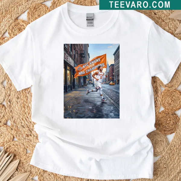 Illustration of Jalen Brunson running with the Knicks banner in NYC