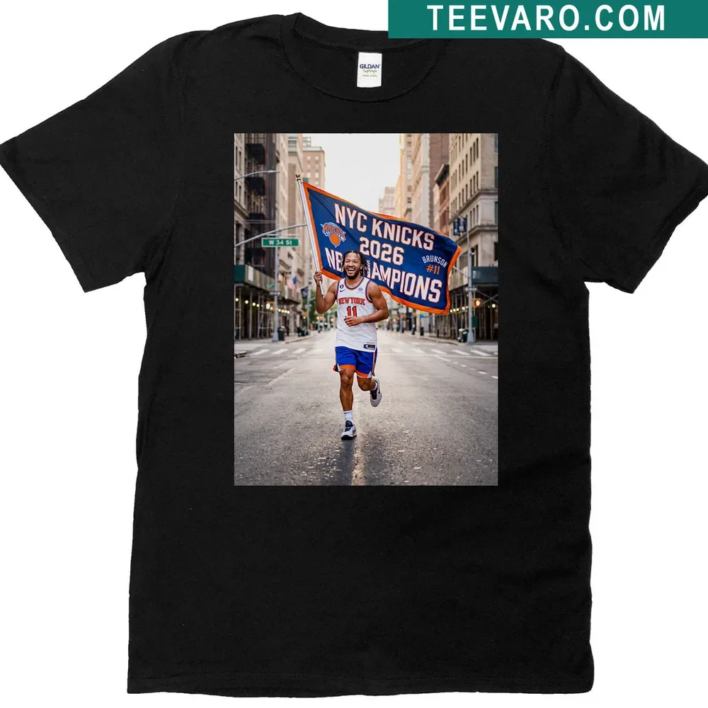 Illustration of Jalen Brunson holding a Knicks Championship banner while running — on a men's t-shirt