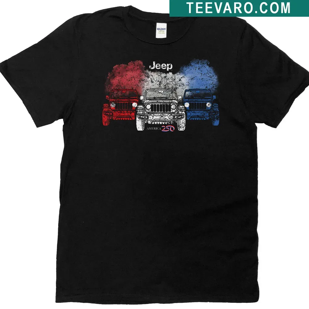Official Jeep AMERICA250 Anniversary T-shirt with emblematic graphic — on a men's t-shirt
