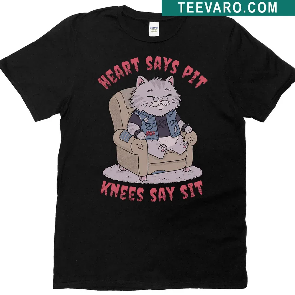 Knees Says Sit t-shirt with playful typography for dog lovers — on a men's t-shirt