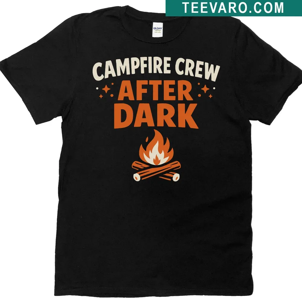 Humorous camping t-shirt with a cartoon campfire and funny tagline — on a men's t-shirt