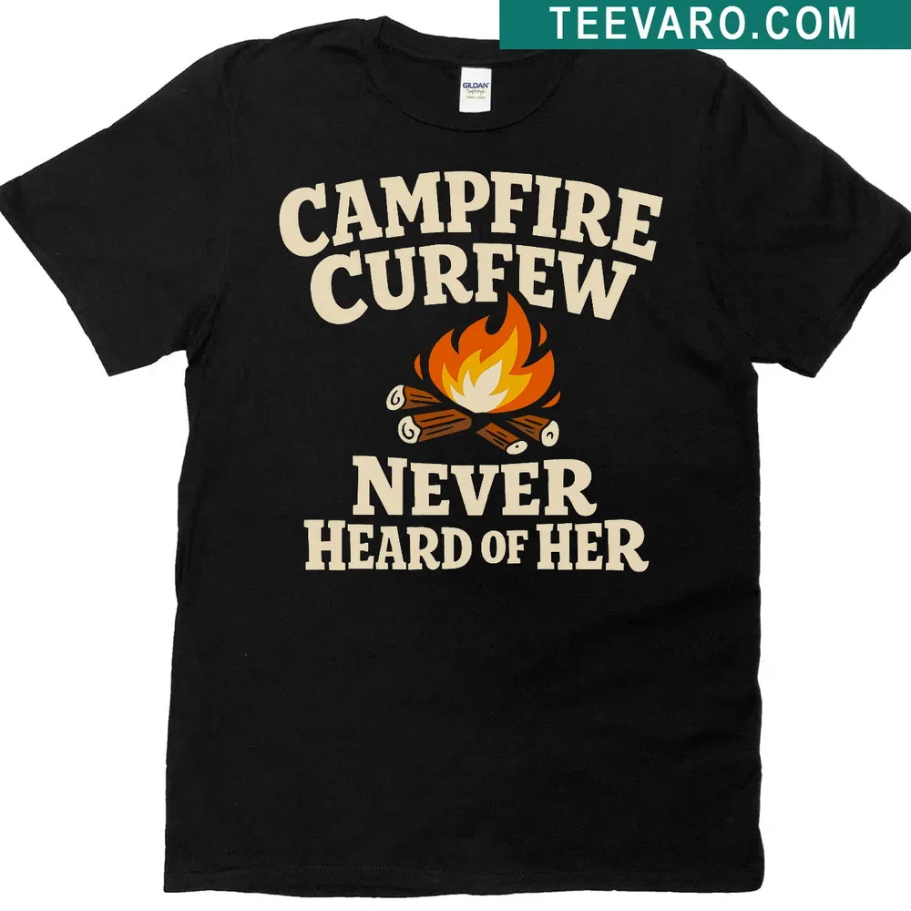 Humorous camping t-shirt with campfire and typography design — on a men's t-shirt