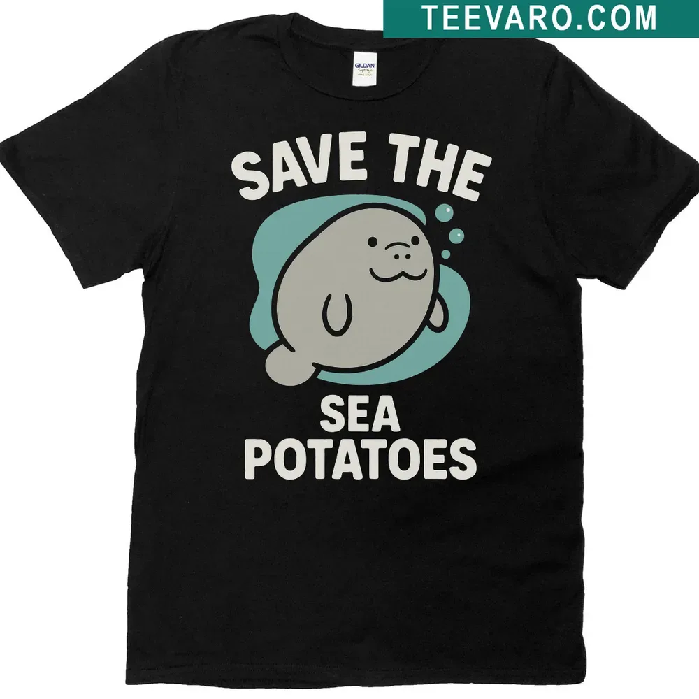 T-shirt featuring playful text and graphics about manatees and conservation — on a men's t-shirt