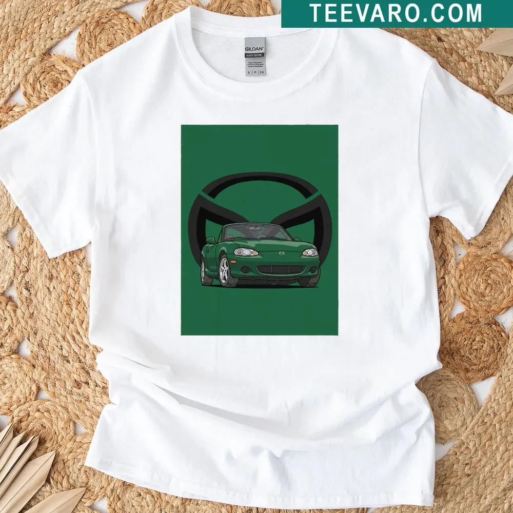 Stylized graphic of a Mazda MX5 on a green t-shirt — on a men's t-shirt