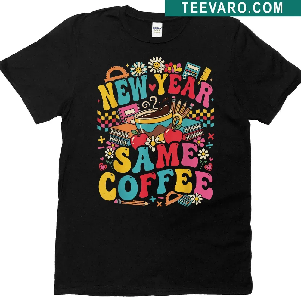 Funny teacher t-shirt with 'New Year Same Coffee' typography design — on a men's t-shirt