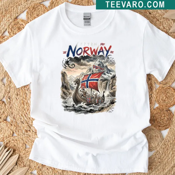 Illustrative Viking flag design on a T-shirt representing Norwegian heritage.