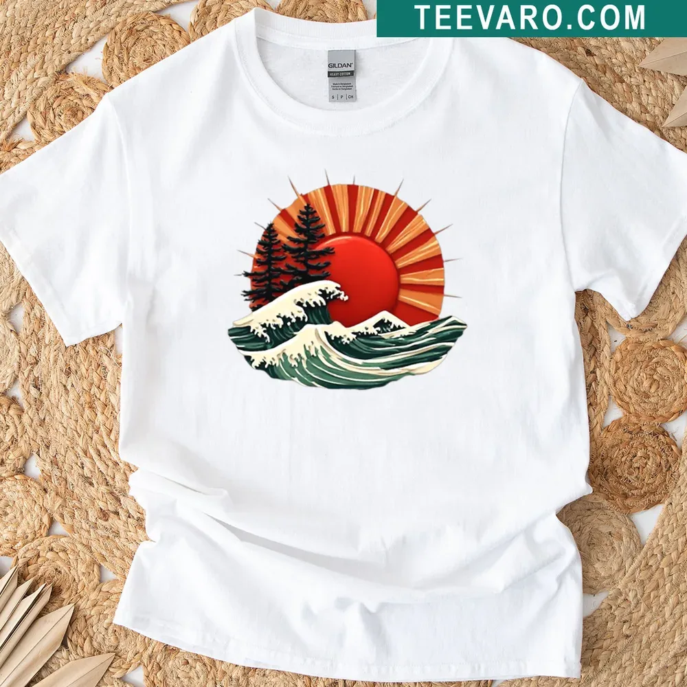 Illustration of a red sun over waves and a pine tree in a modern style — on a men's t-shirt
