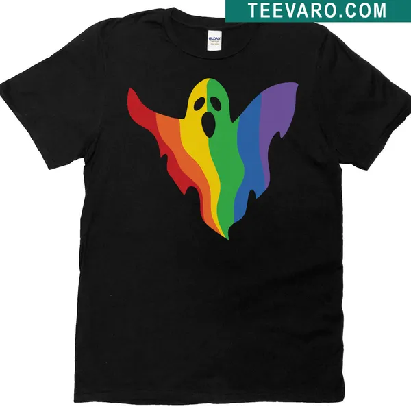 Halloween T-shirt featuring a rainbow ghost for LGBTQ pride