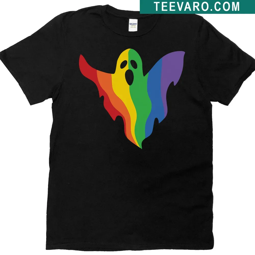 Halloween T-shirt featuring a rainbow ghost for LGBTQ pride — on a men's t-shirt