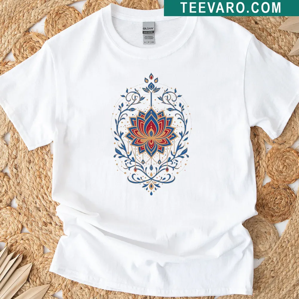 Illustration of a lotus flower with sacred geometric patterns — on a men's t-shirt