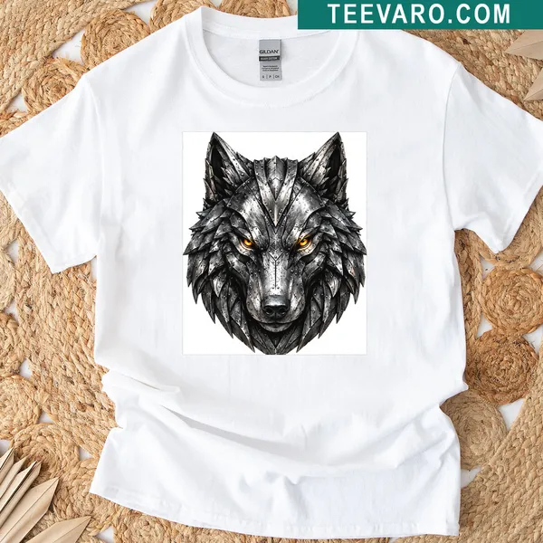 Mechanical wolf head illustration on an industrial-themed T-shirt