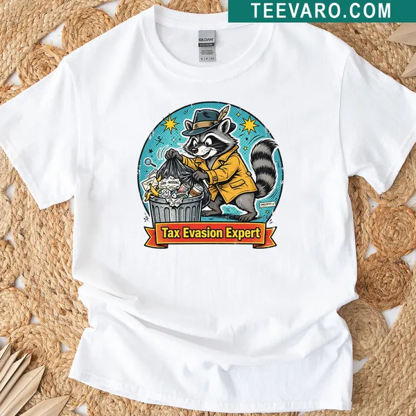 T-shirt with bold text graphic reading 'Tax Evasion Expert' in simple typography
