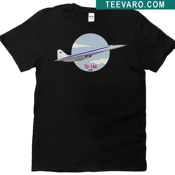 Illustration of the Tu-144 supersonic jetliner in flight on a t-shirt