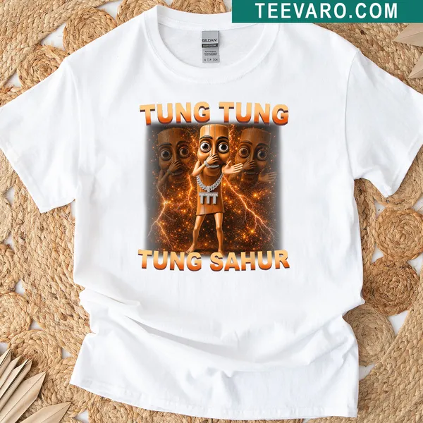 T-shirt featuring the phrase 'Tung Tung Tung Sahur Is Calling' in fun typography
