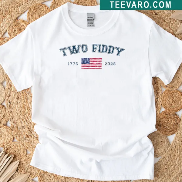 Funny patriotic T-shirt featuring American flag and 'Two Fiddy' text