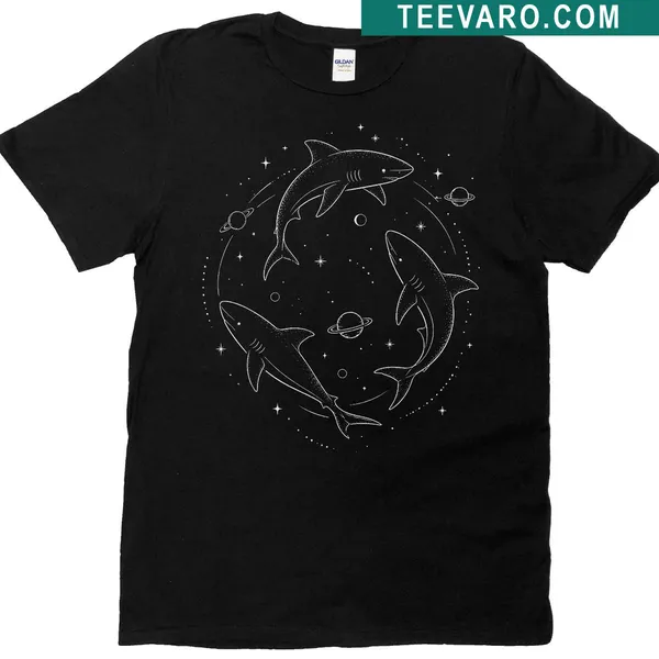 Illustrated whale shark design with celestial elements on a beach t-shirt