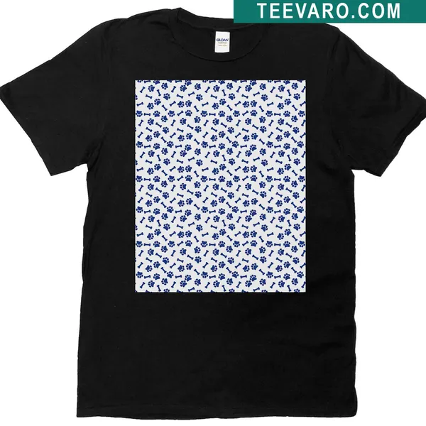 Playful white t-shirt with royal blue dog paw and bone pattern