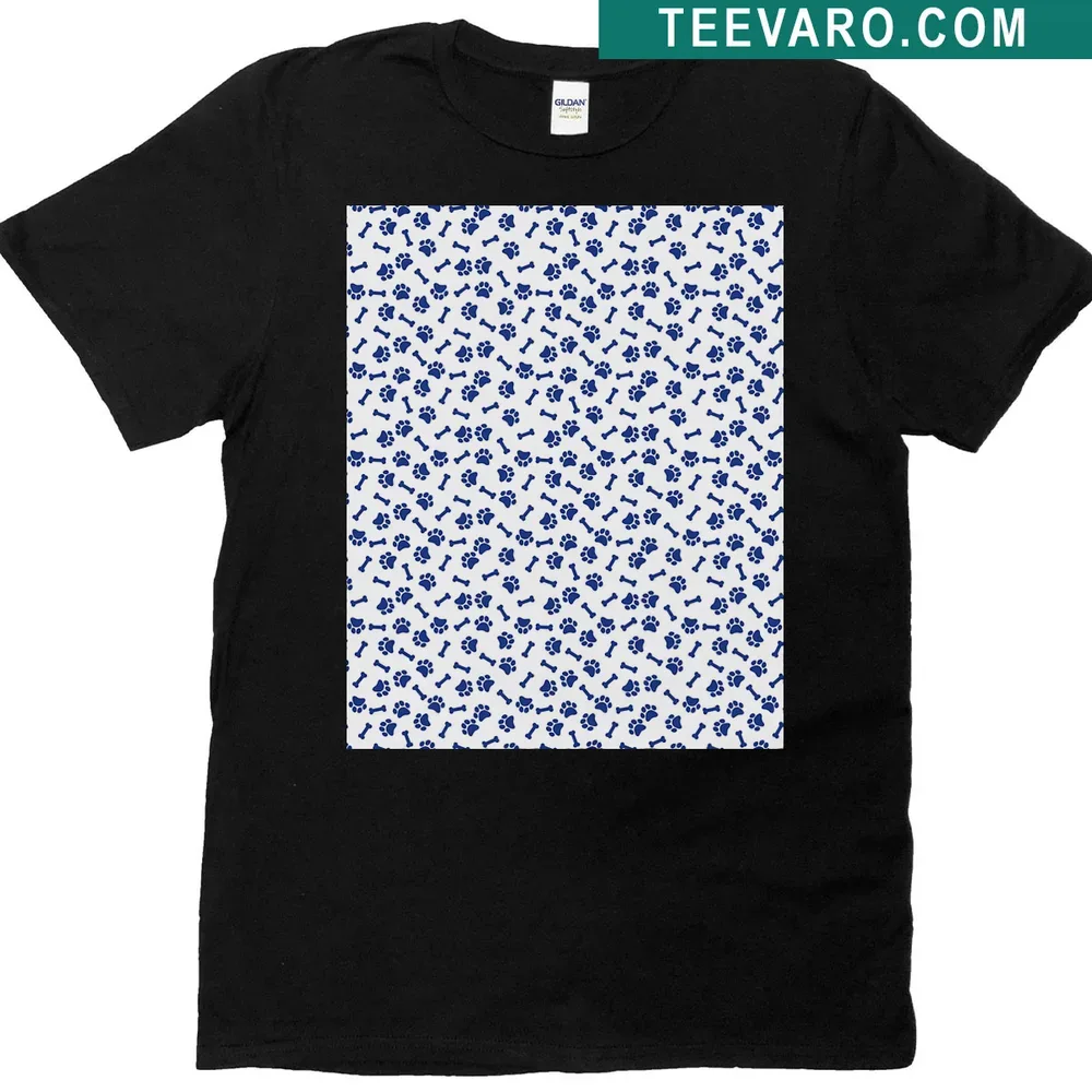 Playful white t-shirt with royal blue dog paw and bone pattern — on a men's t-shirt