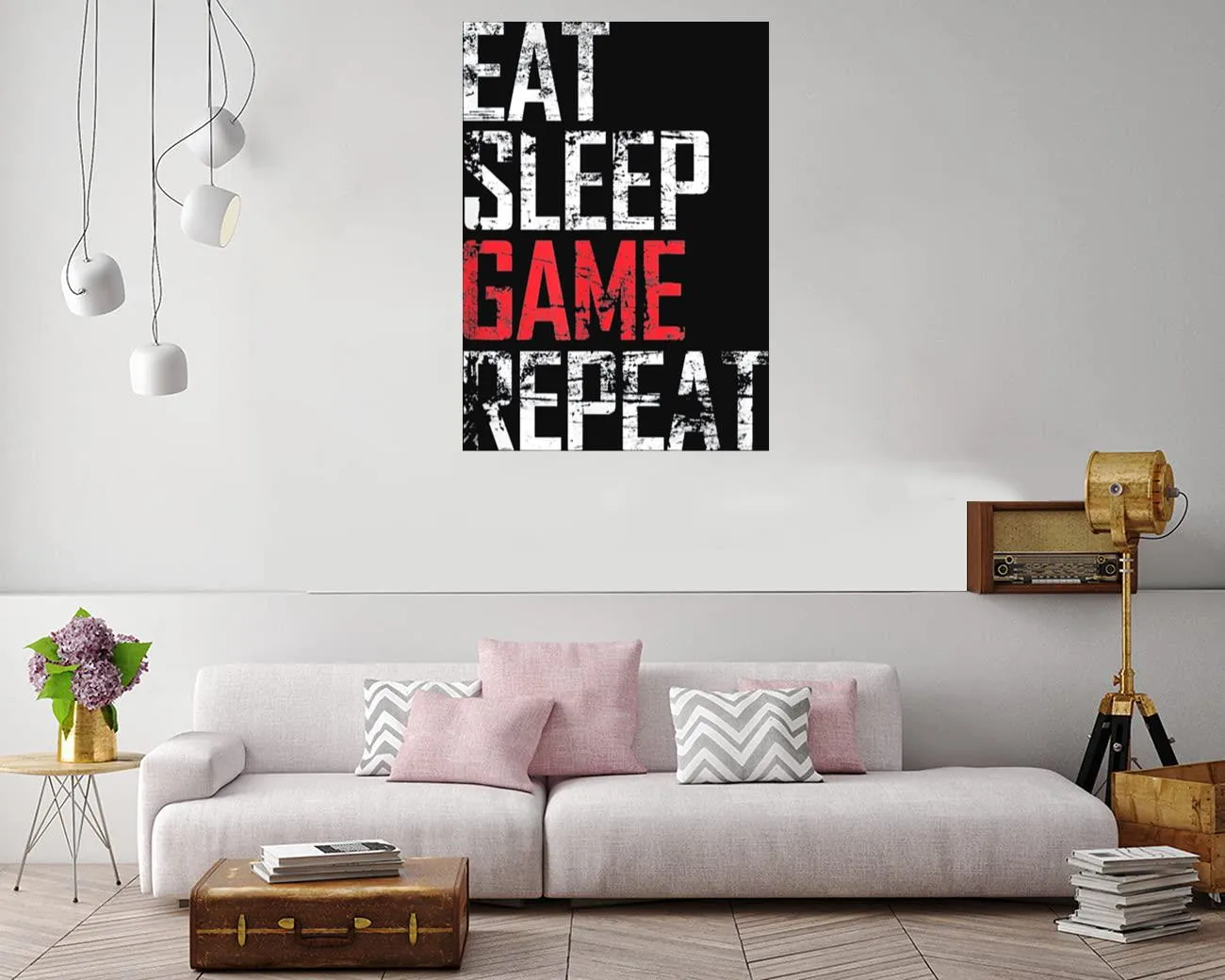 Playful gaming print with the phrase eat, sleep, game, repeat