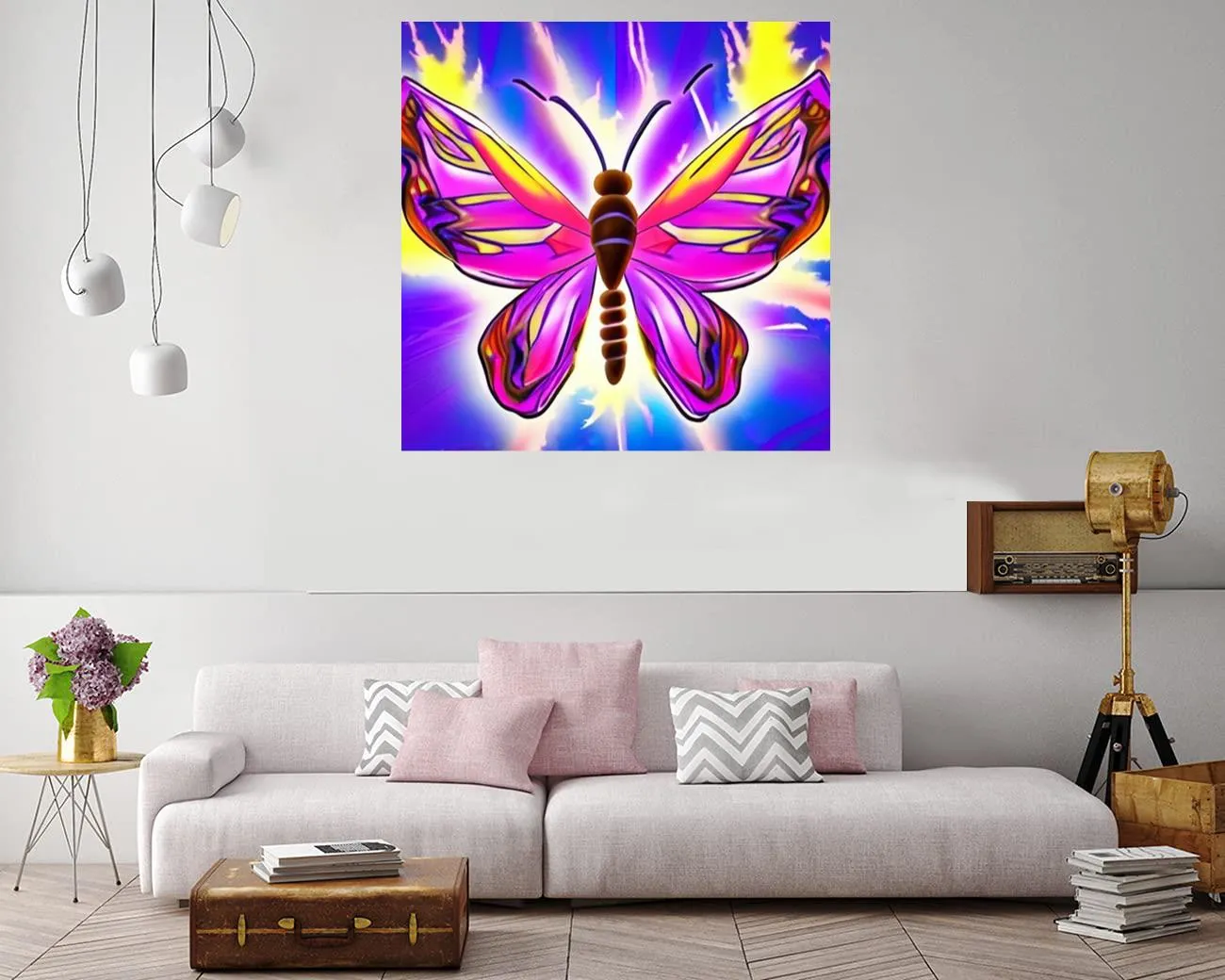 Flaming butterfly artwork with whimsical design