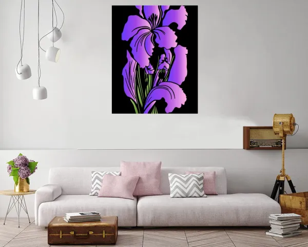 Stylized iris flower canvas print with delicate petals and rich textures