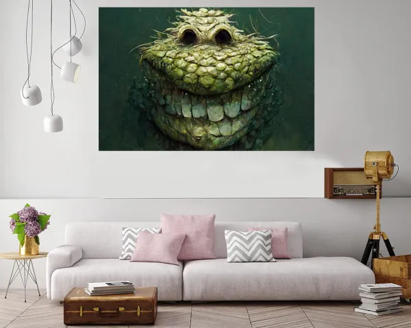 Cute illustration of a little green monster on canvas.