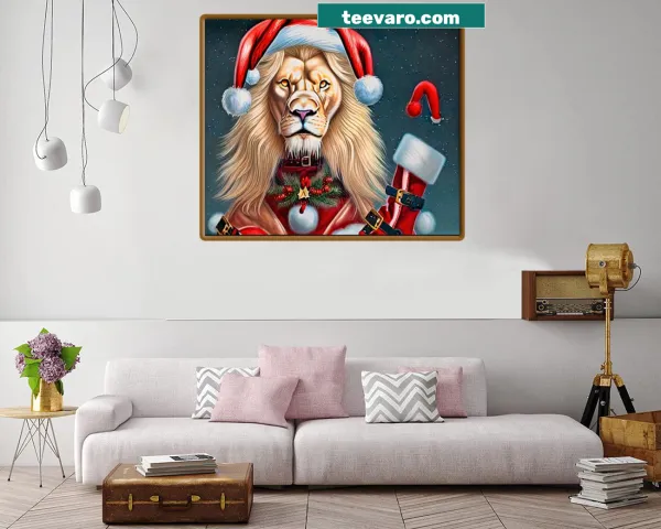 Canvas print of a lion in Santa Claus dress with fierce expression