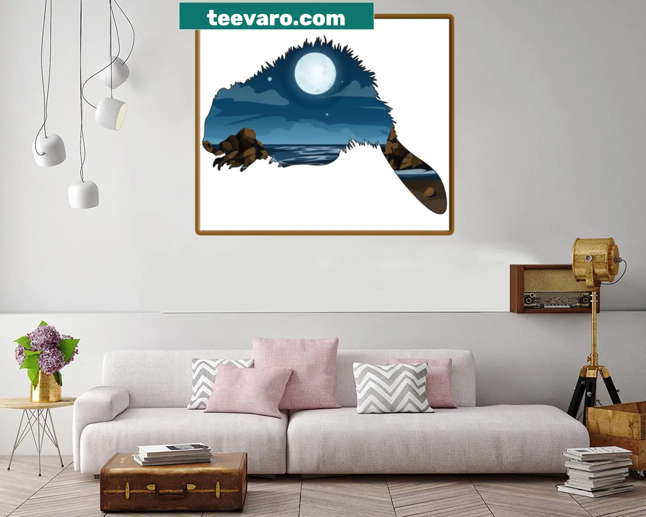 Canvas print of a beaver silhouetted against a full moon over the ocean
