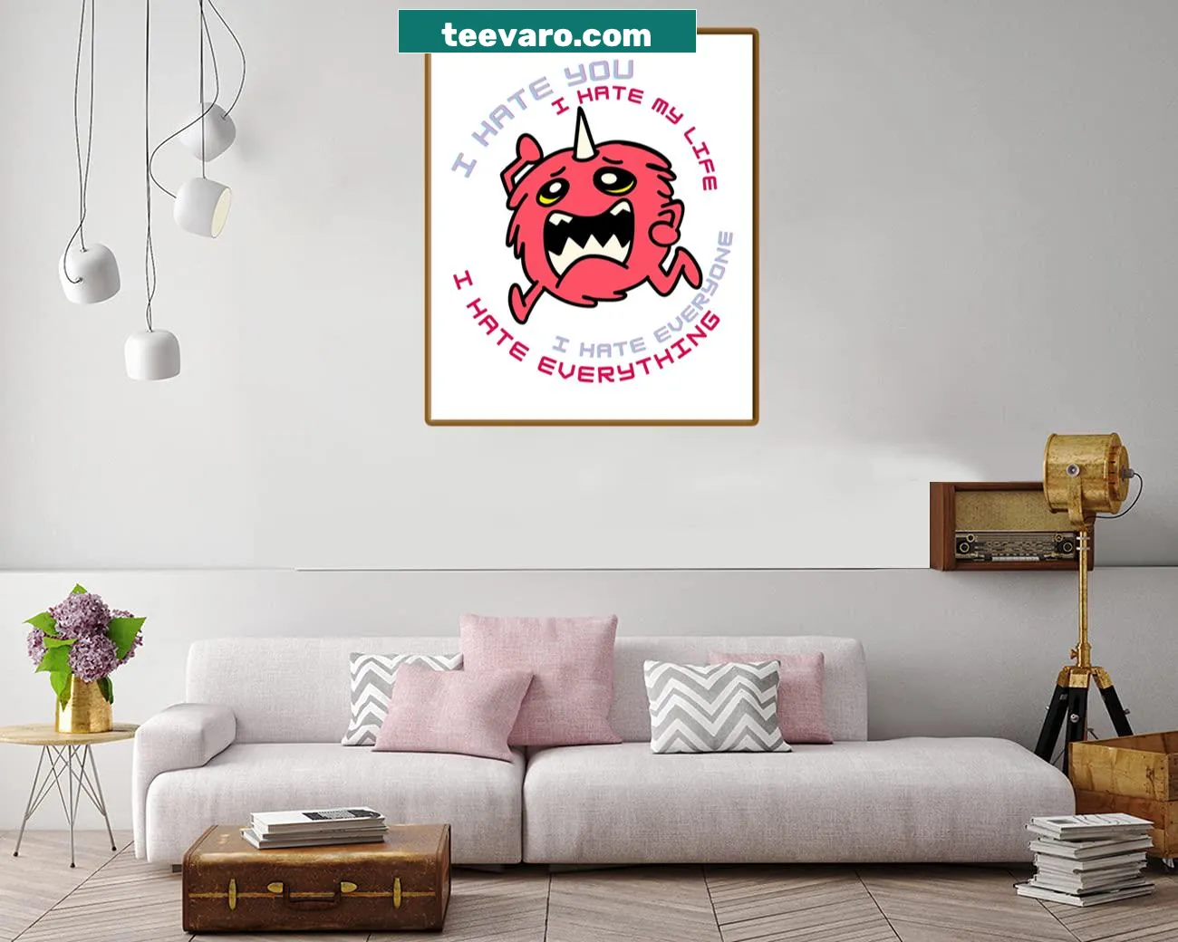 Canvas print featuring a funny red monster disliking colorful emojis.