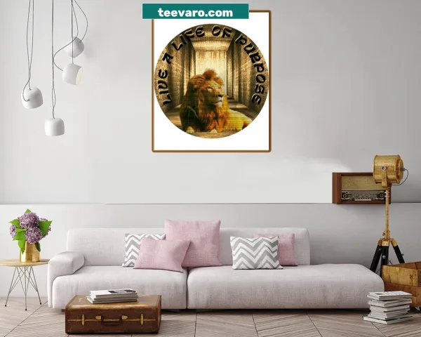 Canvas print with a lion and inspirational quotes about travel and ambition.
