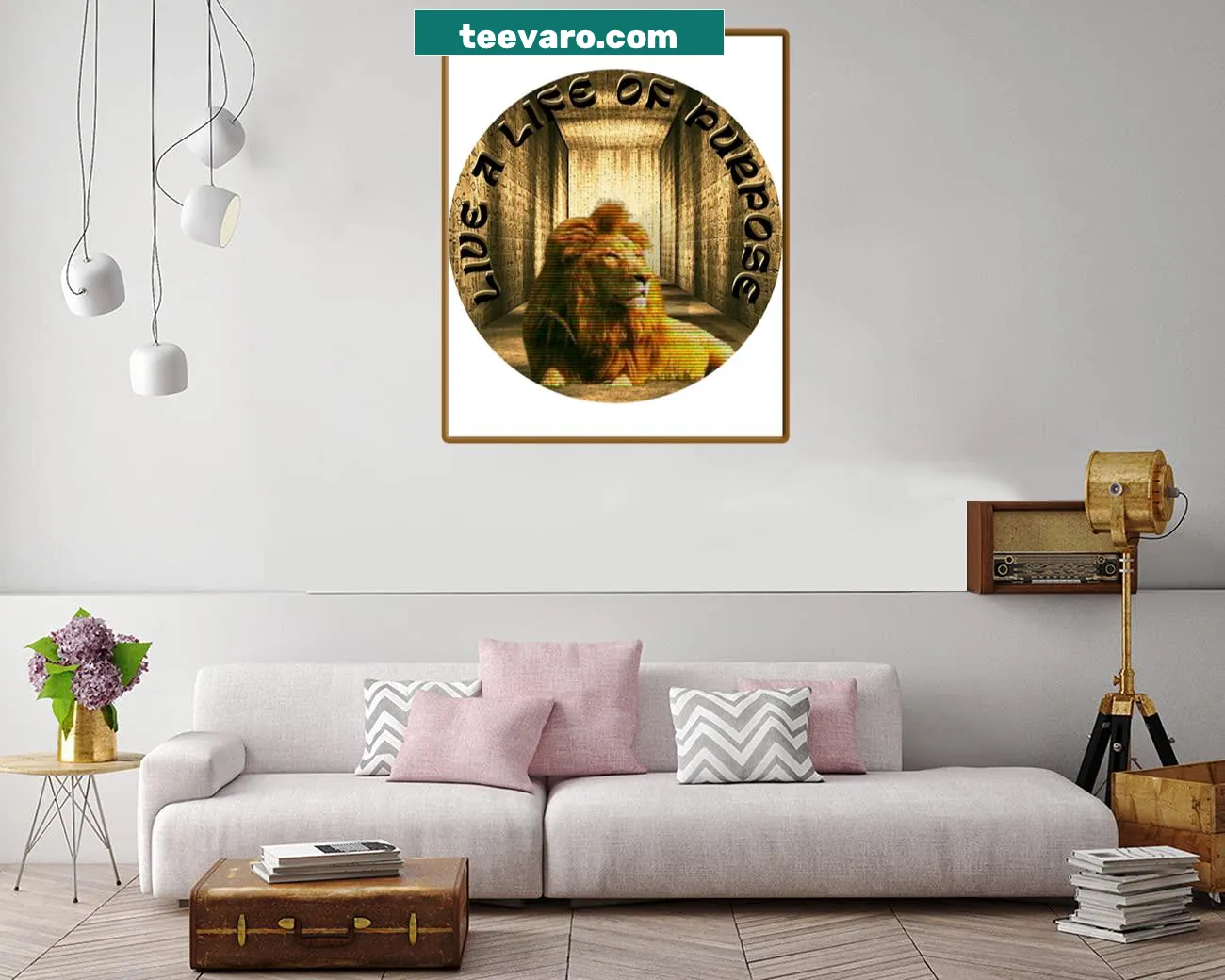 Canvas print with a lion and inspirational quotes about travel and ambition.