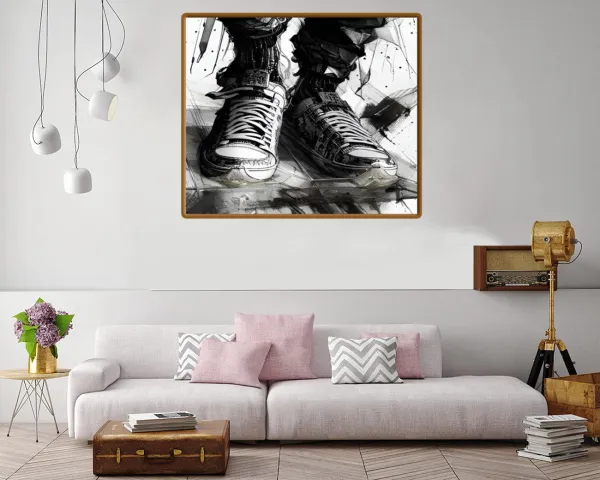 Cartoon-style canvas print featuring artistic sneakers