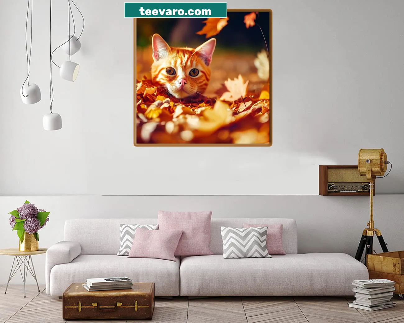 Charming autumn-themed cat illustration canvas