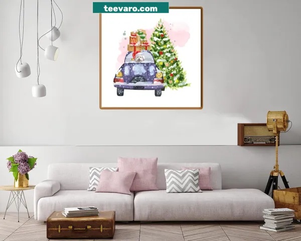 Canvas print of a Bichon Frise dog with a car and Christmas tree