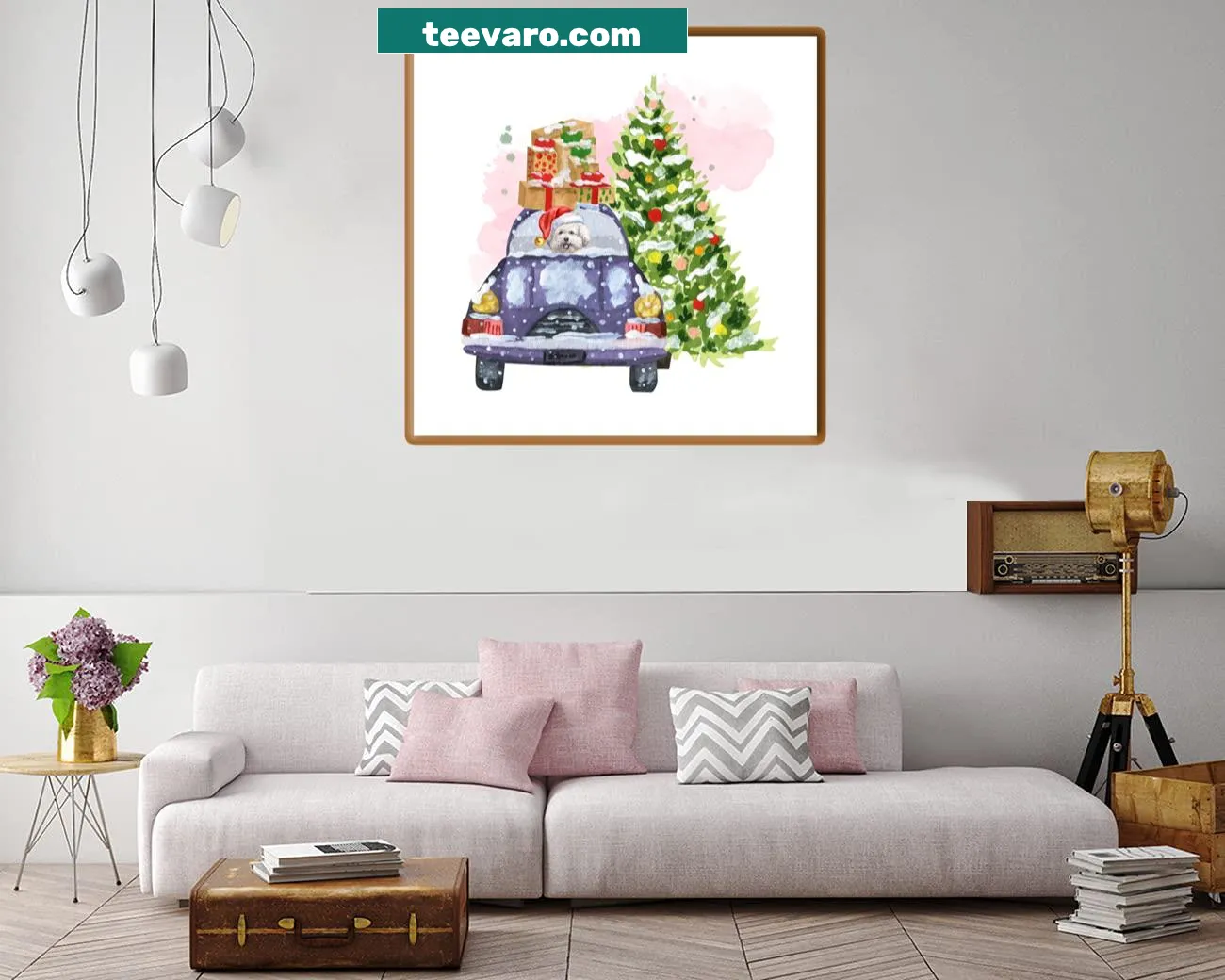 Canvas print of a Bichon Frise dog with a car and Christmas tree
