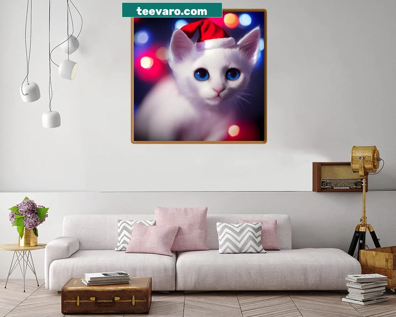 Illustration of a kitten in a Santa hat, celebrating Christmas.