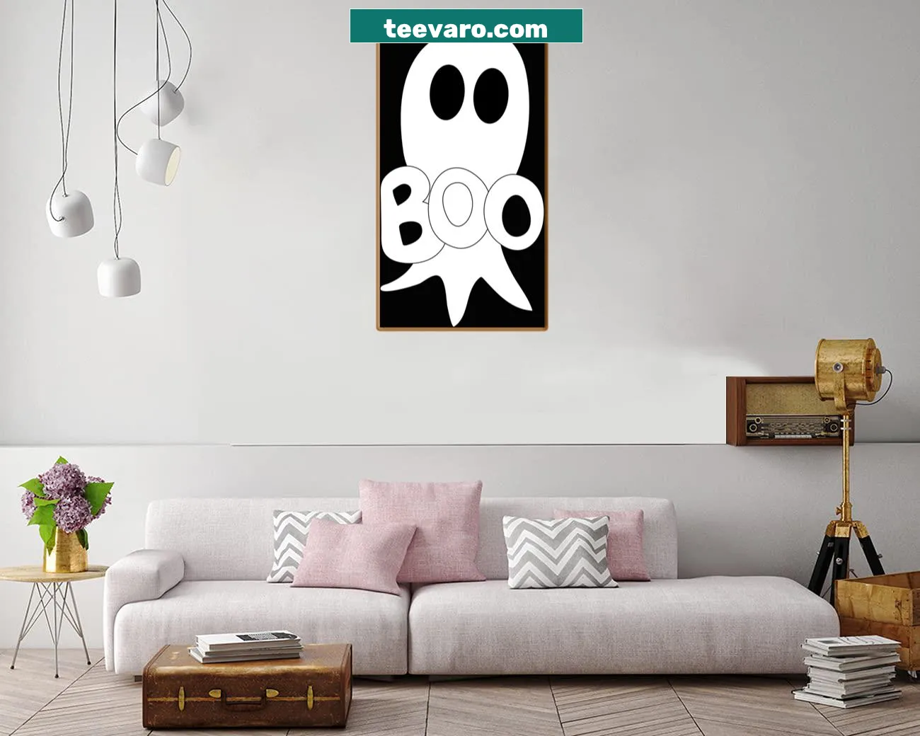Cute ghost cartoon canvas print with 'Boo' text