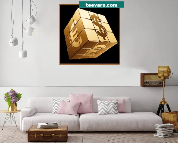 Rubik's cube canvas print featuring various currency symbols like dollar and euro.