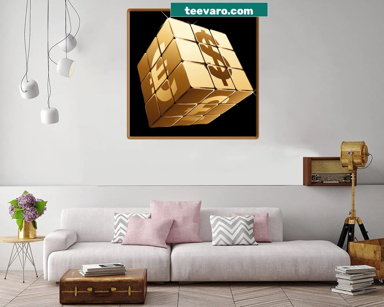 Rubik's cube canvas print featuring various currency symbols like dollar and euro.