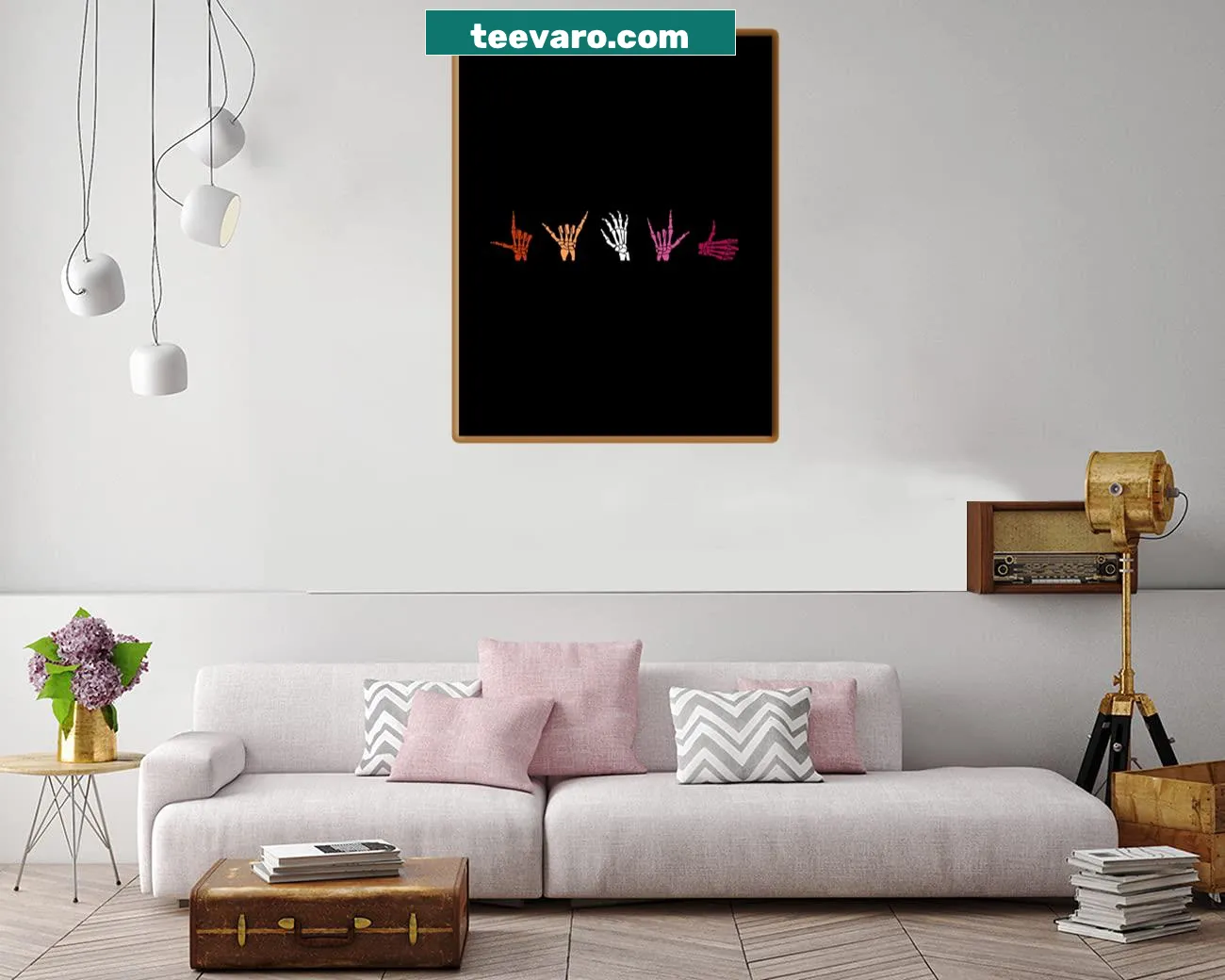 Canvas print of skeleton hands forming a heart, with a pride theme